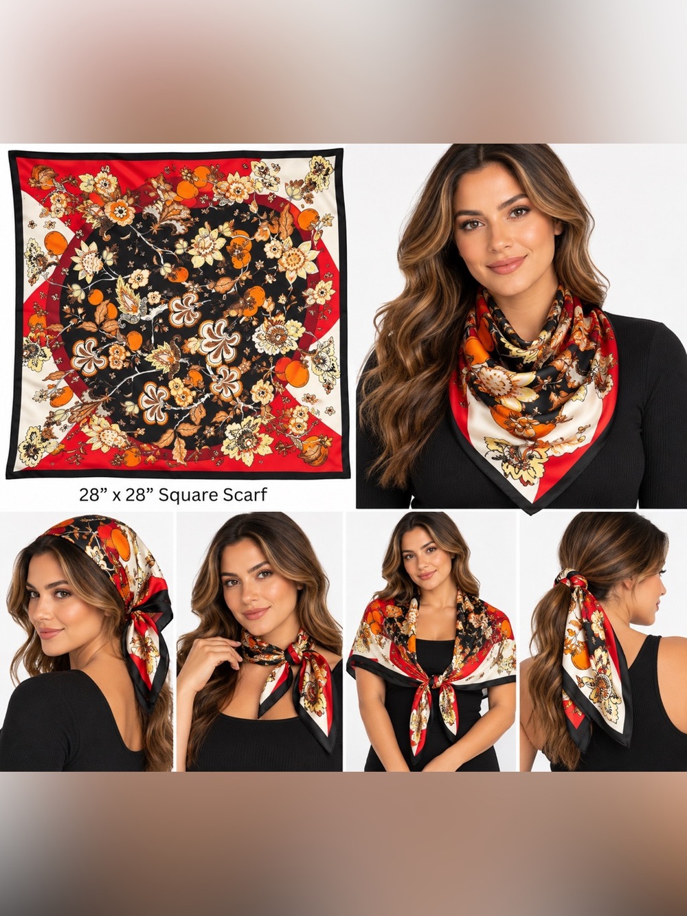 Original Scarf Floral fruit motif in Black, Red and Orange NWT